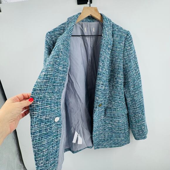 LOFT Blue Tweed Double Breasted Blazer Gold Button Textured Jacket (Est. L) - Picture 8 of 9